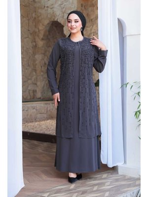 Neva Style Boncuk İşlemeli Füme Abaya 29119fu