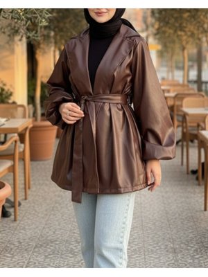 Podyumplus Kahve Balon Kol Kemerli Deri Ceket