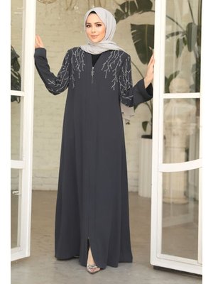 Neva Style Boncuk İşlemeli Füme Abaya 29110fu