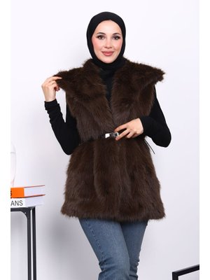 İmaj Butik Kahverengi Astarlı Kemerli Kürk Yelek