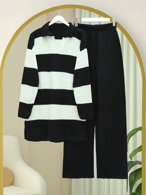 Podyumplus Siyah V Yaka Pantolonlu Triko Takım