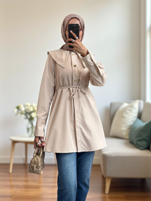 Podyumplus Bej Geniş Yakalı Beli Bağlamalı Bonding Kap