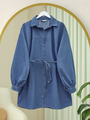 Podyumplus İndigo Düğmeli Beli Bağcıklı Kot Gömlek