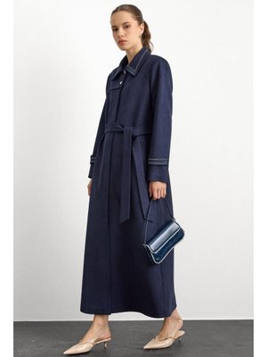 Olcay Lacivert Gömlek Yaka İşleme Detaylı Süet Görünümlü Büyük Beden Pardesü