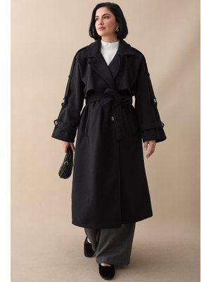 InStyle Apoletli Kuşaklı Oversize Siyah Kaşe Kaban