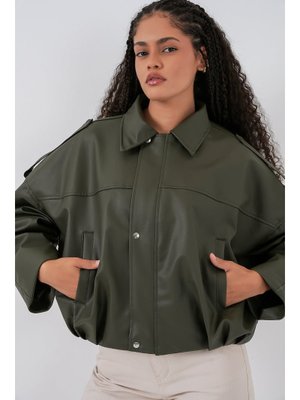 Bigdart Haki Oversize Deri Ceket
