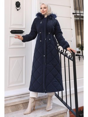 MODAMİHRAM Lacivert Fermuarlı Kapüşonlu Kapitone Mont