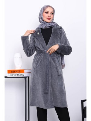 İmaj Butik Füme Kruvaze Yaka Cepli Angora Kaşe Kaban