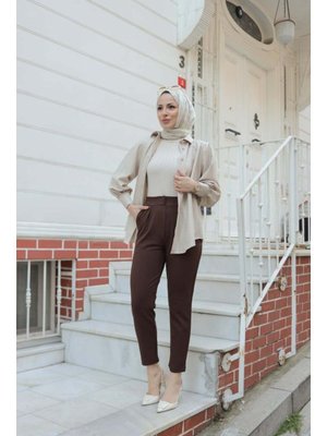 Destemoda Kahverengi Havuç Paça Likralı Zara Krep Pantolon