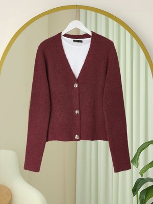 Podyumplus Bordo Önü Düğmeli Yumoş Triko Hırka