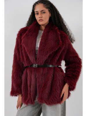 Bigdart Bordo Kemerli Oversize Kürklü Kaban