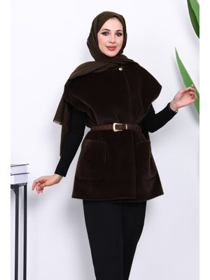 İmaj Butik Koyu Kahve Cepli Kemerli Kaşe Yelek
