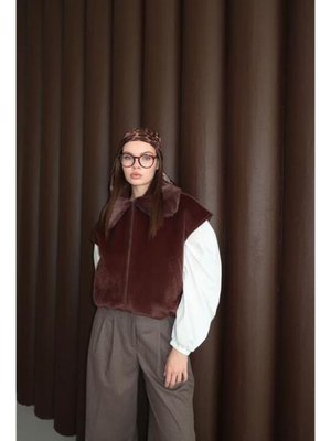 Podyumplus Kısa Kürk Yelek Koyu Kahve