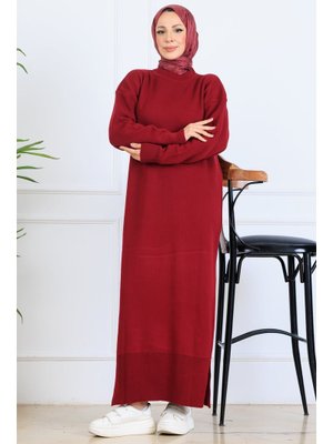Benguen Bordo Yırtmaç Detaylı Triko Elbise