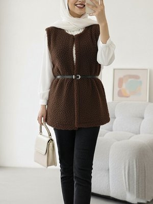 Podyumplus Kahve Beli Kemerli Çift Cepli Astarlı Peluş Yelek