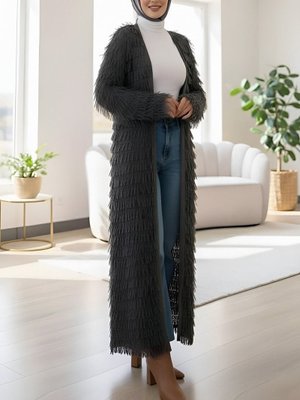 Podyumplus Antrasit Saçaklı Uzun Triko Hırka