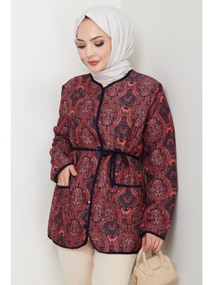 Bestenur Bordo Desenli Düğmeli Kapitone Ceket