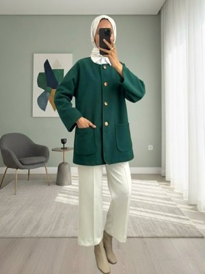 Podyumplus Zümrüt Çift Cepli Önü Düğmeli Kaşe Ceket