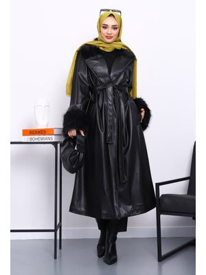 İmaj Butik Siyah Kol Yaka Kürklü Deri Trençkot