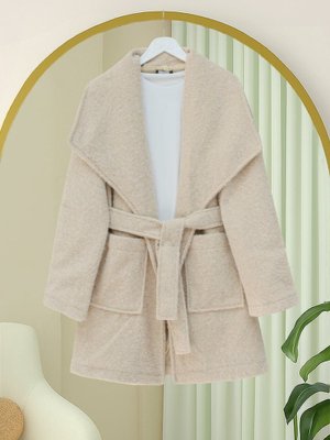 Podyumplus Bej Geniş Yakalı Beli Kemerli Cepli Kaşe Kaban