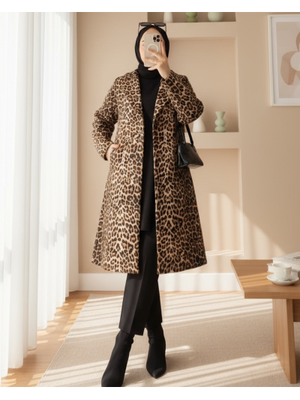 Podyumplus Leopar Desenli Kemerli Cepli Astarlı Kaşe Kap