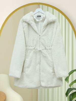 Podyumplus Ekru Tünel Bağcıklı Cepli Astarlı Kürklü Ceket