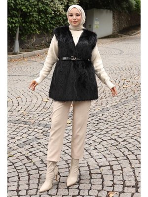 MODAMİHRAM Siyah Kemerli Kürklü Yelek