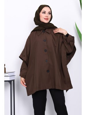 İmaj Butik Kahverengi Oversize Düğmeli Panço Trenç