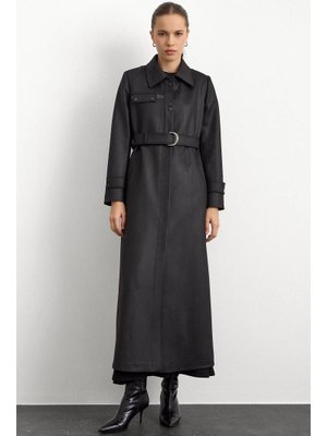 Olcay Siyah Gömlek Yaka Çıt Ve Deri Detaylı Gabardin Süet Pardesü