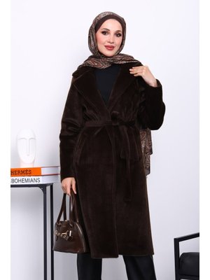 İmaj Butik Kahverengi Kruvaze Yaka Cepli Angora Kaşe Kaban