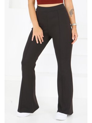 Tofisa Siyah Sıyah Çımalı İspanyol Paça Krep Pantolon
