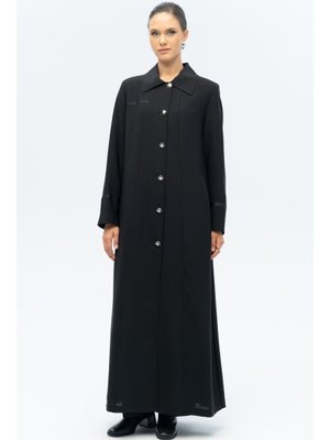 Olcay Siyah A Gömlek Yaka Grogren Detaylı Astarlı Büyük Beden Pardesü