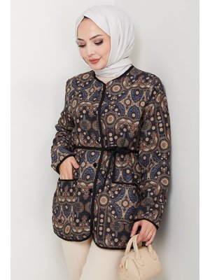 Bestenur Siyah Desenli Düğmeli Kapitone Ceket