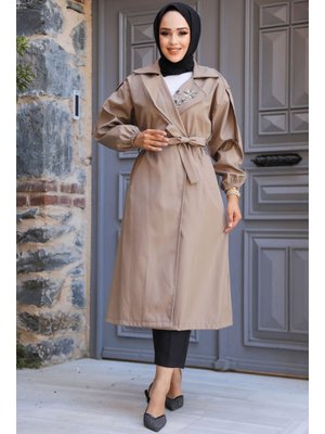 Neva Style Boncuk Detaylı Vizon Trençkot 639v