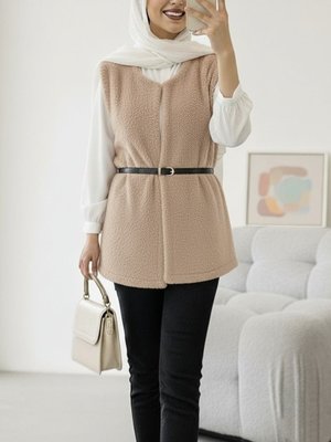 Podyumplus Bej Beli Kemerli Çift Cepli Astarlı Peluş Yelek