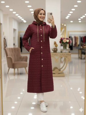 Podyumplus Bordo Kapüşonlu Önü Düğmeli Zincir Detaylı Kapitone Kap