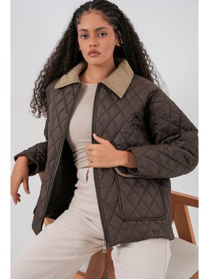 Bigdart Kahverengi Bej Kapitone Oversize Mont