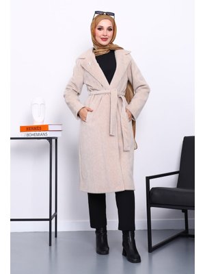 İmaj Butik Bej Kruvaze Yaka Cepli Angora Kaşe Kaban