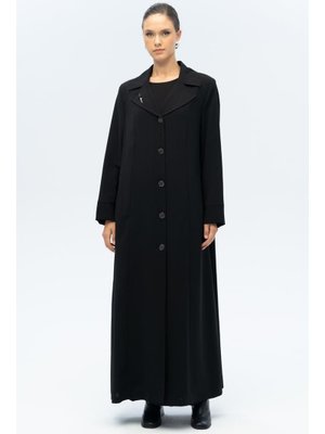 Olcay Siyah A Ceket Yaka Broş Detaylı Astarlı Büyük Beden Pardesü