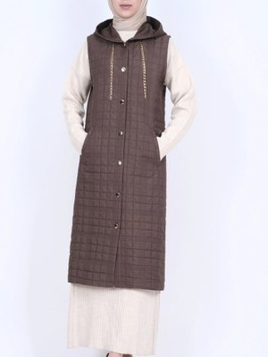 Podyumplus K. Kahve Kapüşonlu Zincir Detaylı Cepli Kapitone Yelek