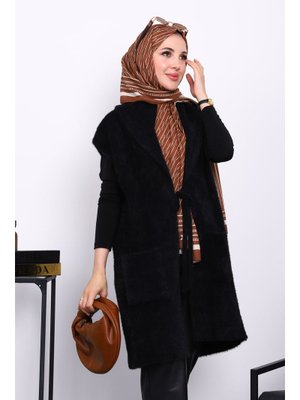 İmaj Butik Siyah Ön Bağlamalı Cepli Angora Yumoş Yelek