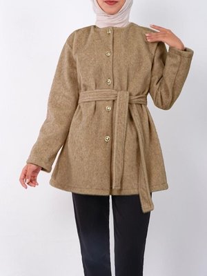 Podyumplus Vizon Düğmeli Beli Bağlamalı Kürklü Ceket