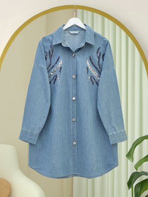 Podyumplus Açık Mavi Pul Payetli Metal Düğmeli Salaş Kot Gömlek