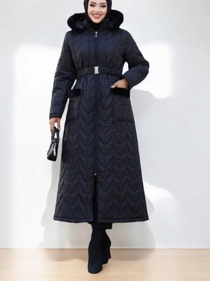 Podyumplus Siyah Kapşonu Ve Cebi Peluş Detaylı Lastikli Kemerli Uzun Mont