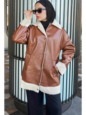 Neva Style Kürk Detaylı Taba Deri Ceket 9310tb