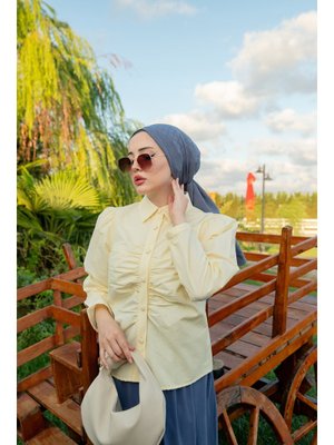 Locco Moda Sarı Büzgü Detay Poplin Gömlek