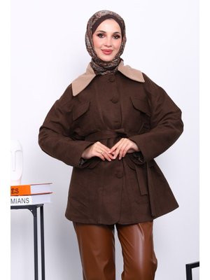 İmaj Butik Kahverengi Yaka Garnili Cepli Kuşaklı Trençkot