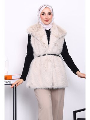 İmaj Butik Taş Astarlı Kemerli Kürk Yelek