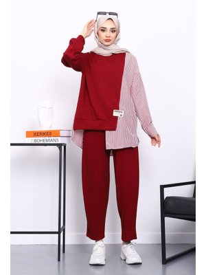 İmaj Butik Bordo Garnili Tunik Pantolonlu Çizgili Takım