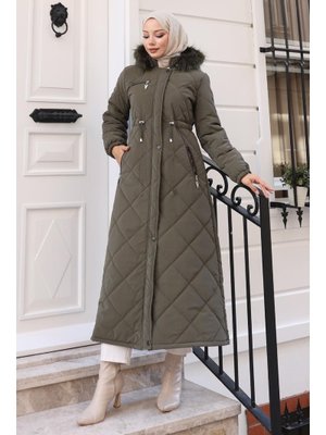 MODAMİHRAM Haki Fermuarlı Kapüşonlu Kapitone Mont